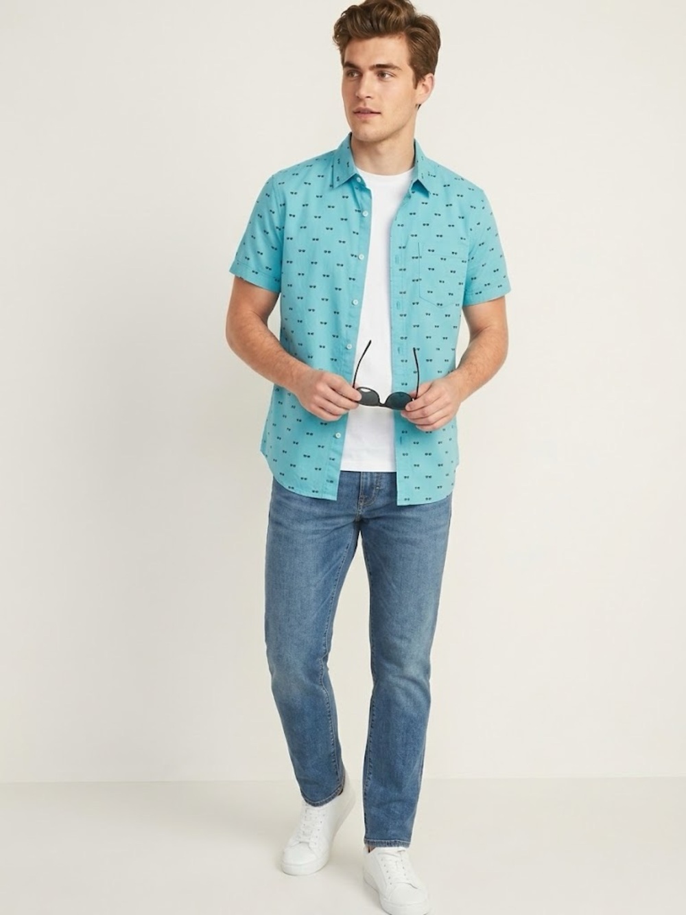 Plugg Aqua Blue Sunglasses Short Sleeve Button Down Shirt Size S